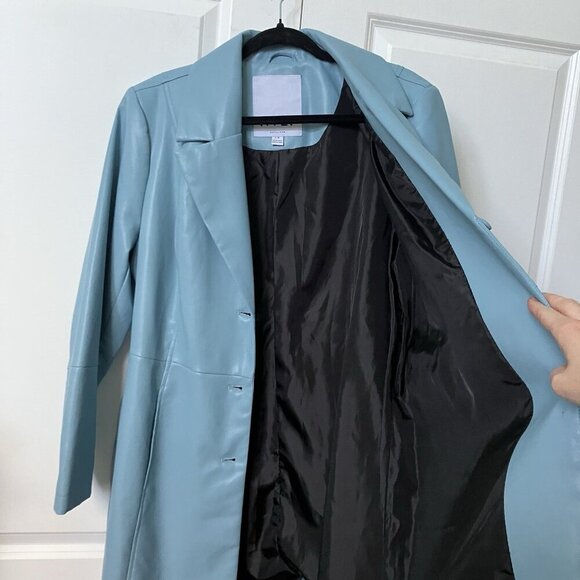 NVLT Vegan Trench Coat Womens L Blue Faux Leather Lined Contemporary - Picture 8 of 12